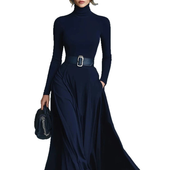 Dresses & Skirts - H&M Fall Winter Long Sleeve Solid Turtleneck Fitted Waist Maxi Dress